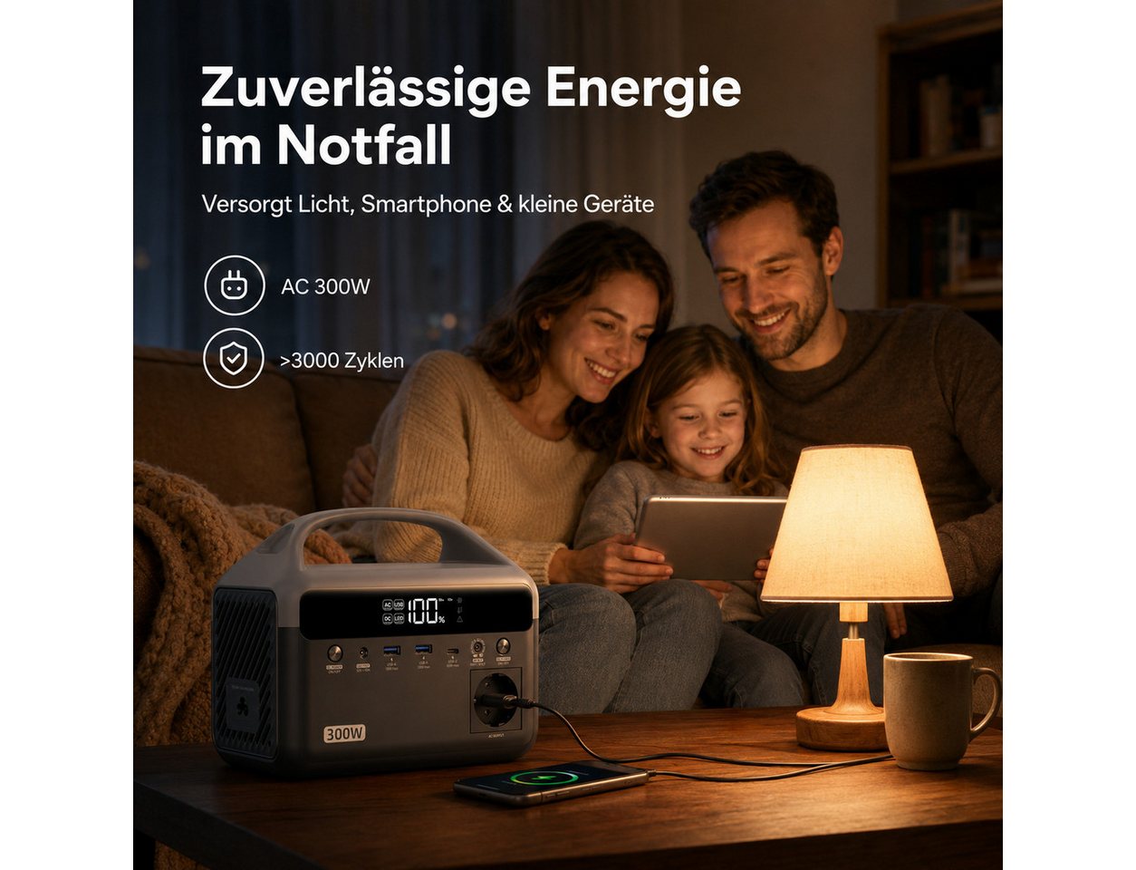 Goldstern-Tech Powerstation Tragbarer Stromspeicher 192 Wh LiFePO4-Akku 60000 mAh (12 V), 600 W Spitzenleistung, USB-C 45 W, LED-Licht