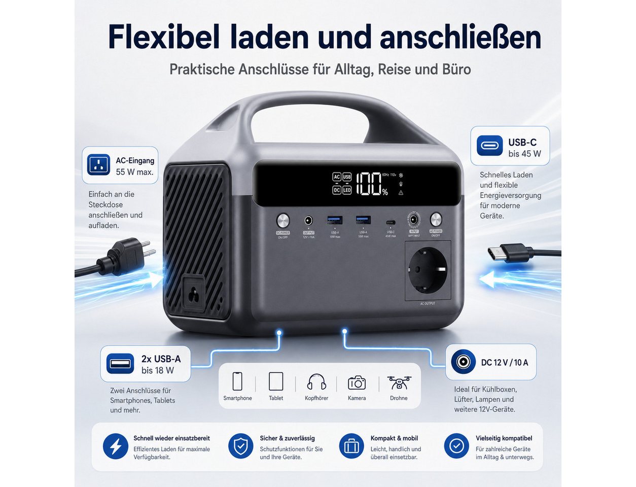 Goldstern-Tech Powerstation Tragbarer Stromspeicher 192 Wh LiFePO4-Akku 60000 mAh (12 V), 600 W Spitzenleistung, USB-C 45 W, LED-Licht Bild 2