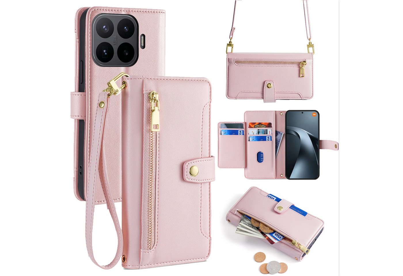 betterfon Handykette mit Portemonnaie für Xiaomi 17T Pro - Handykette 5 Kartenfächer Rosa, 5 Kartenfächer + verstellbare Kette & Standfunktion mit TPU-Schutz