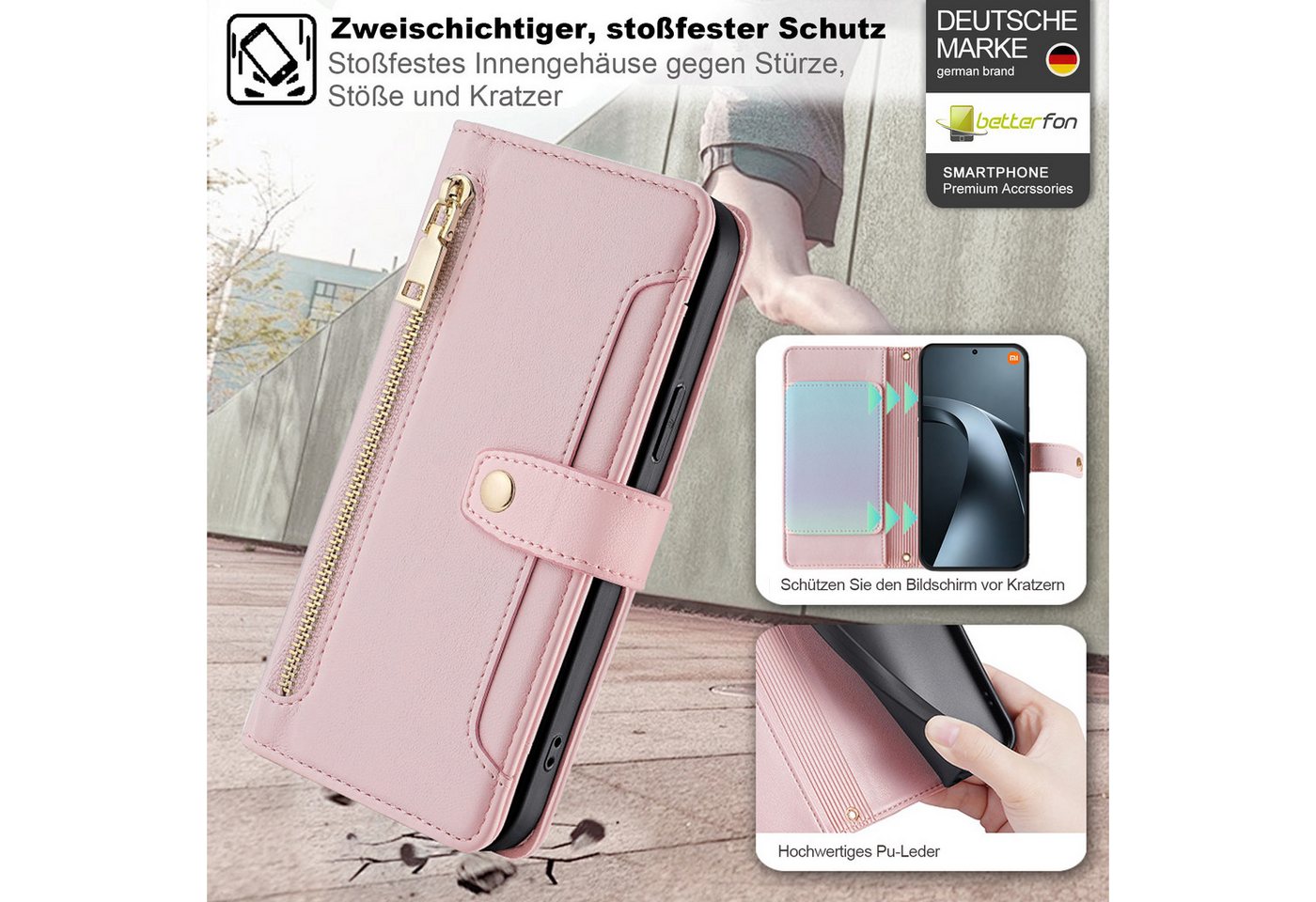 betterfon Handykette mit Portemonnaie für Xiaomi 17T Pro - Handykette 5 Kartenfächer Rosa, 5 Kartenfächer + verstellbare Kette & Standfunktion mit TPU-Schutz Bild 3