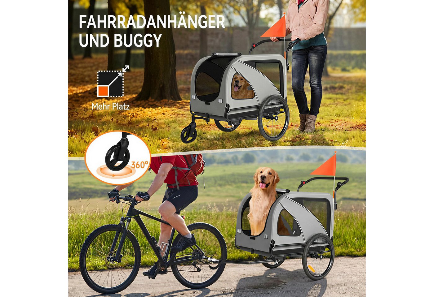 Fiximaster Fahrradhundeanhänger 2-in-1 XXL, mit Dachöffnung, höhenverstellbarem Schiebegriff, Höhenverstellbarem Schiebegriff, Faltbar Bild 2
