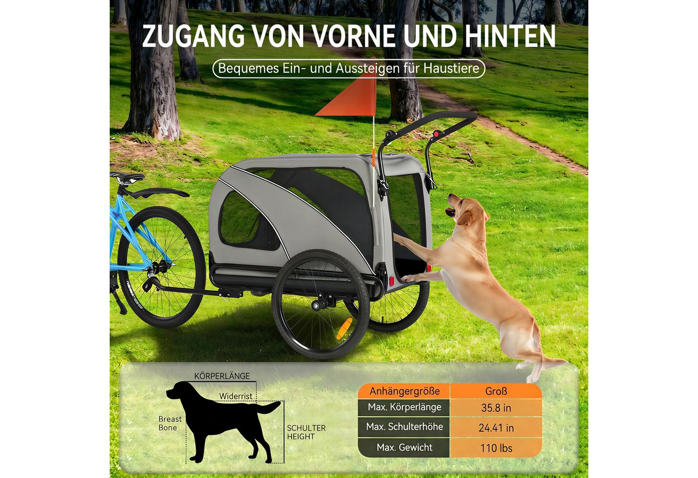 Fiximaster Fahrradhundeanhänger 2-in-1 XXL, mit Dachöffnung, höhenverstellbarem Schiebegriff, Höhenverstellbarem Schiebegriff, Faltbar Bild 3