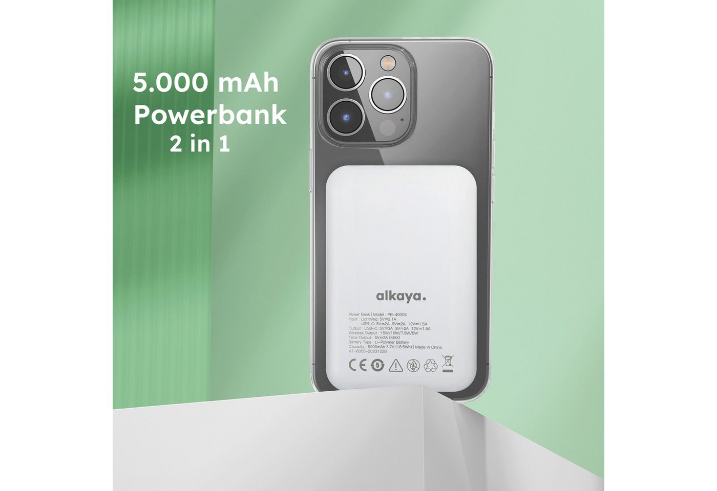 alkaya. Powerbank 5.000 mAh: Induktives Laden, Ports, kompatibel mit MagSafe Powerbank 5000 mAh, LED-Anzeige, Schnellladefunktion Bild 2
