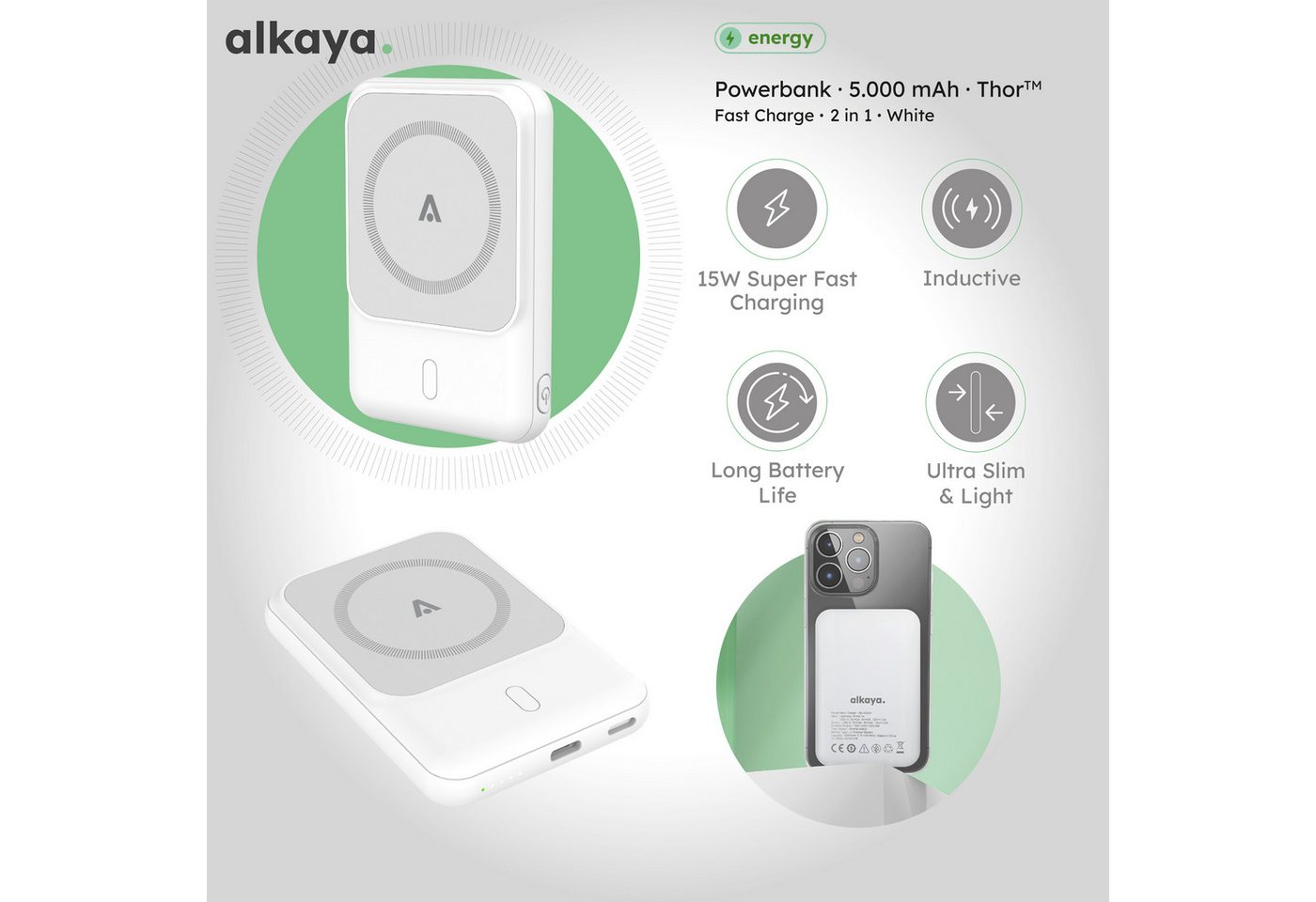 alkaya. Powerbank 5.000 mAh: Induktives Laden, Ports, kompatibel mit MagSafe Powerbank 5000 mAh, LED-Anzeige, Schnellladefunktion Bild 5
