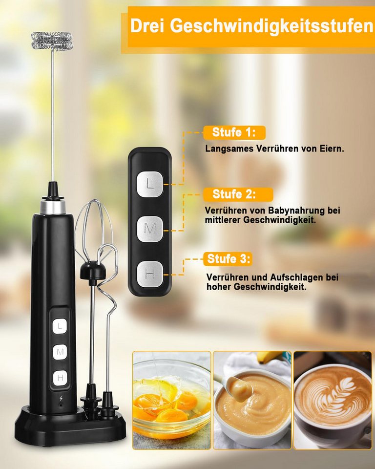 TUWENA Milchaufschäumer Elektrischer Milchaufschäumer Mini Schneebesen USB-C Aufschäumer, 3-in-1, 3 Stufen, 3 Aufsätze, für Kaffee, Cappuccino, Sahne & Eier
