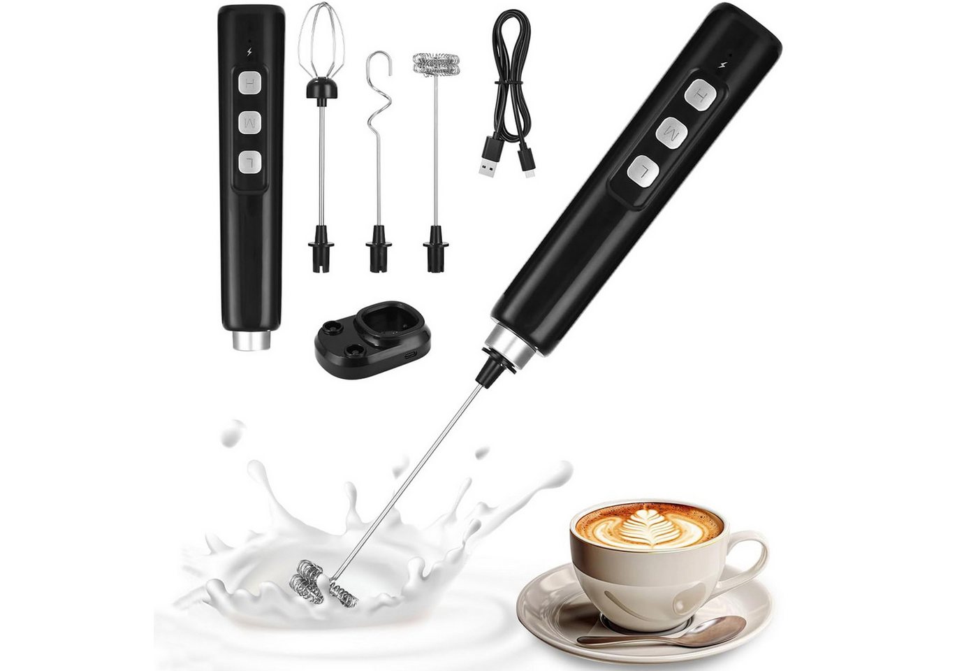 TUWENA Milchaufschäumer Elektrischer Milchaufschäumer Mini Schneebesen USB-C Aufschäumer, 3-in-1, 3 Stufen, 3 Aufsätze, für Kaffee, Cappuccino, Sahne & Eier Bild 2