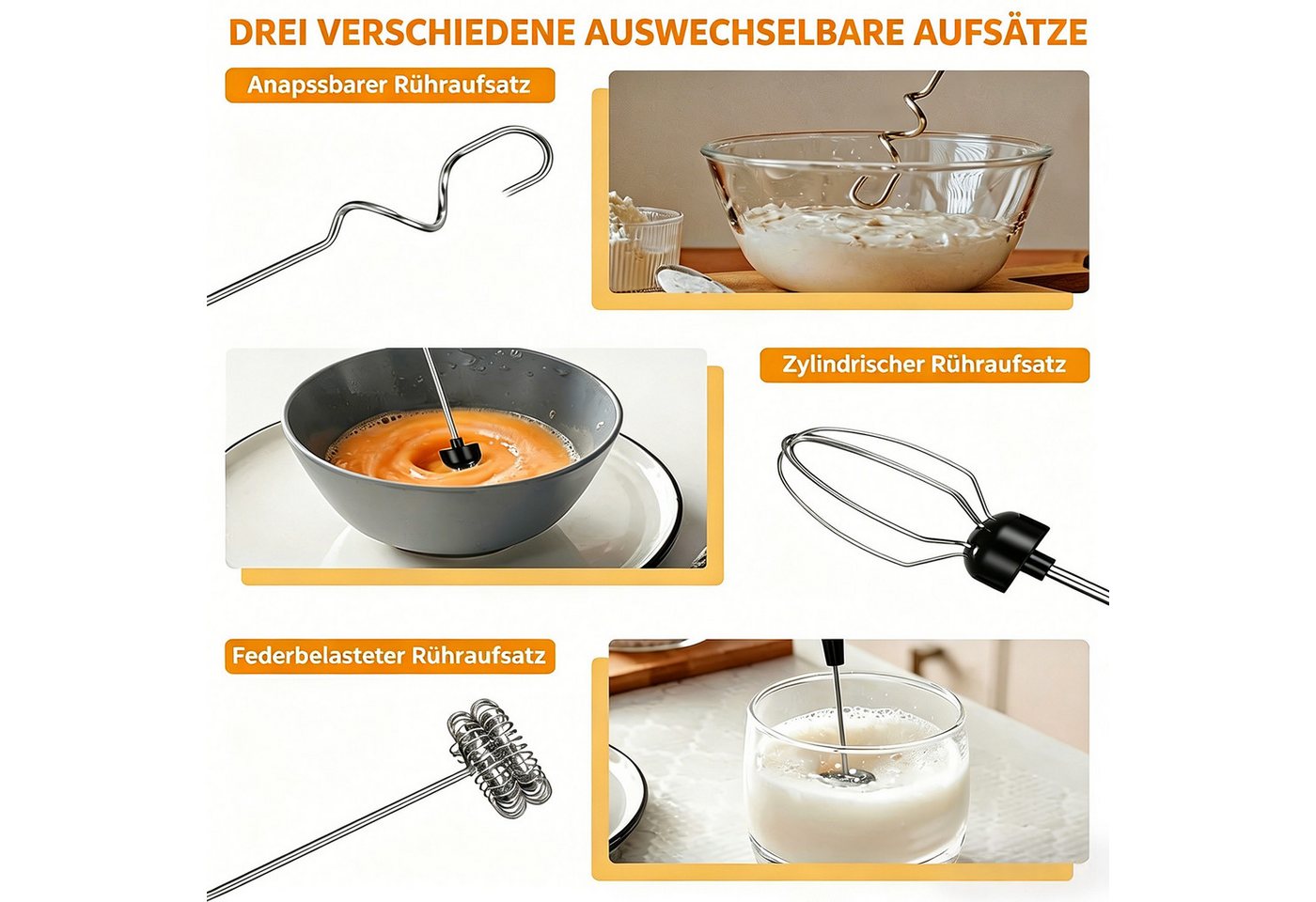 TUWENA Milchaufschäumer Elektrischer Milchaufschäumer Mini Schneebesen USB-C Aufschäumer, 3-in-1, 3 Stufen, 3 Aufsätze, für Kaffee, Cappuccino, Sahne & Eier Bild 3