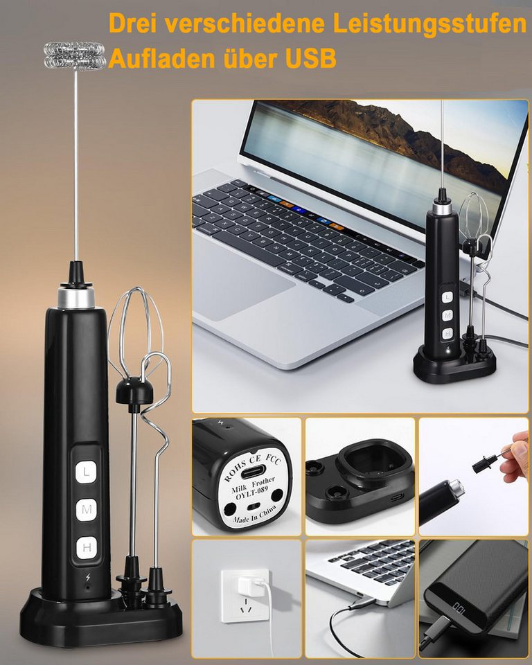 TUWENA Milchaufschäumer Elektrischer Milchaufschäumer Mini Schneebesen USB-C Aufschäumer, 3-in-1, 3 Stufen, 3 Aufsätze, für Kaffee, Cappuccino, Sahne & Eier Bild 4