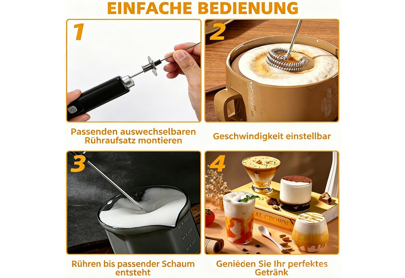 TUWENA Milchaufschäumer Elektrischer Milchaufschäumer Mini Schneebesen USB-C Aufschäumer, 3-in-1, 3 Stufen, 3 Aufsätze, für Kaffee, Cappuccino, Sahne & Eier Bild 5