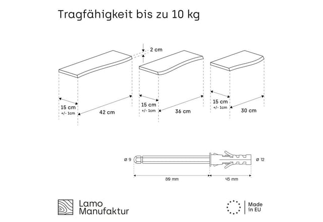 Lamo Manufaktur - 3 Stück Wandregal aus Holz 42/36/30cm set 1 Baumkante Farbe: Schwarz