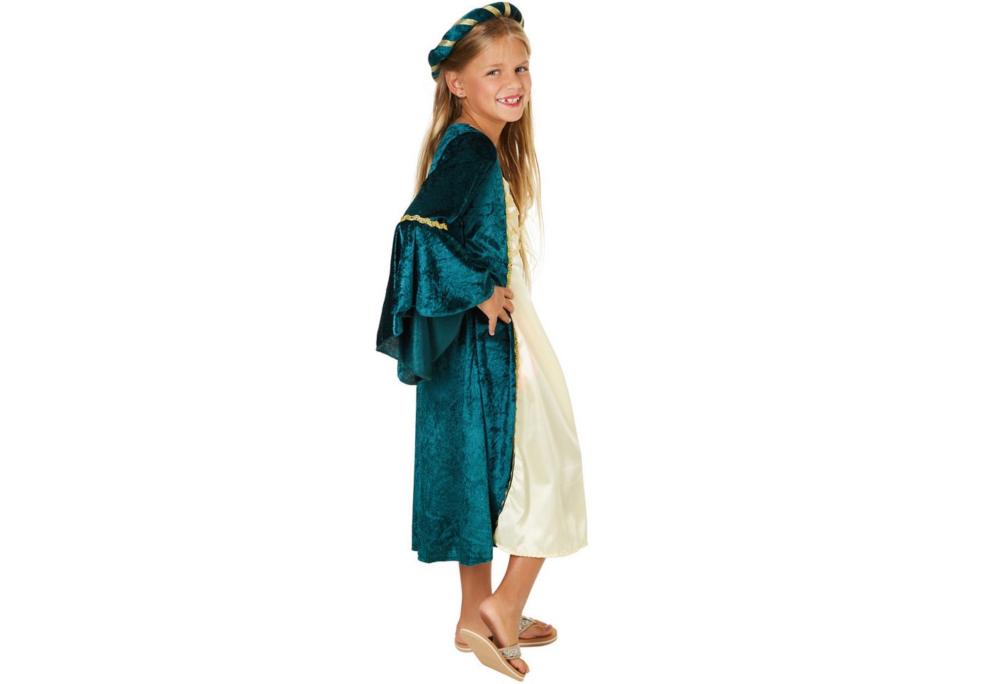 dressforfun Kostüm Prinzessin/Edelfrau, in blau, Mittelalterverkleidung, Langes Kleid, Gr. 116 (5-6 Jahre), Aus Pannesamt und glänzendem Satin, Haarband
