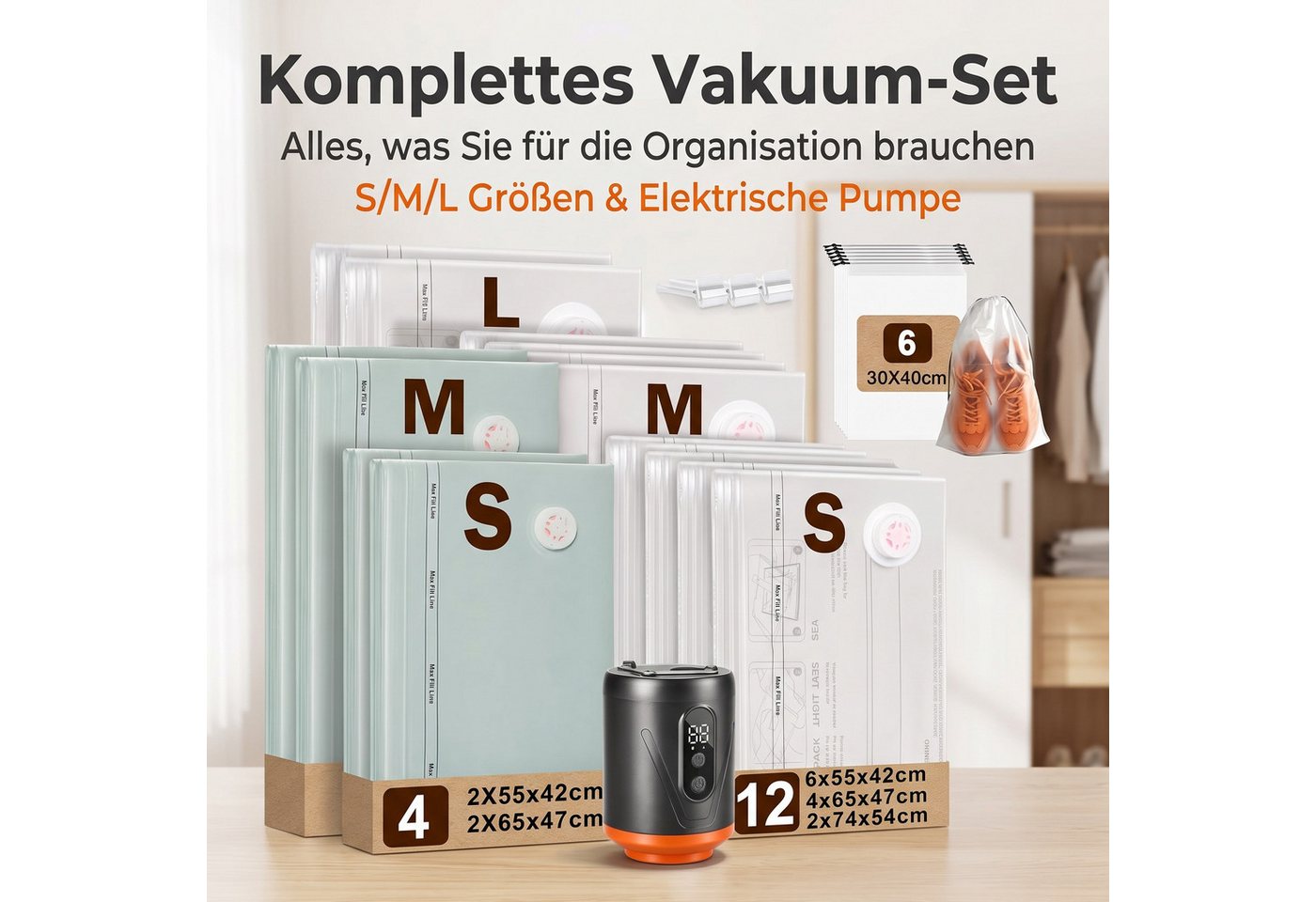 AIMAX Aufbewahrungstasche Vakuumbeutel mit Pumpe 16er Set für Kleidung und Reisen Bild 2