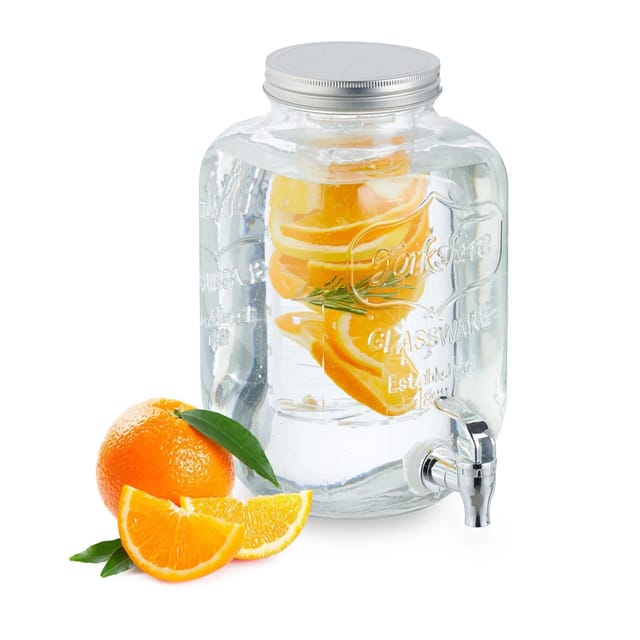 Getränkespender mit Einsatz, Zapfhahn & Deckel, 5 Liter, Glas, Wasserspender, Limonadenspender, transparent - Relaxdays