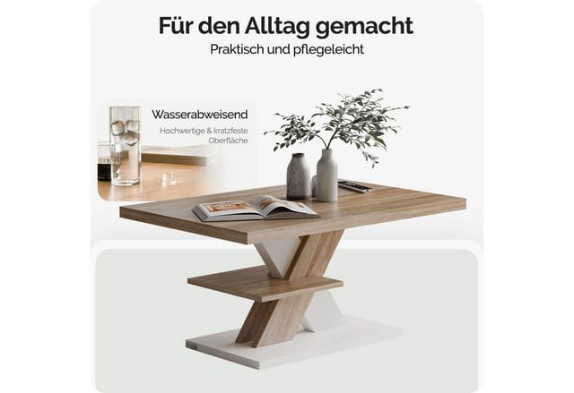 CASARIA® Couchtisch Detroit 90x60x45cm 2 Ablagen Holz 50kg Belastbar Kratzfest Modern Wohnzimmertisch Beistelltisch weiß sonoma eiche