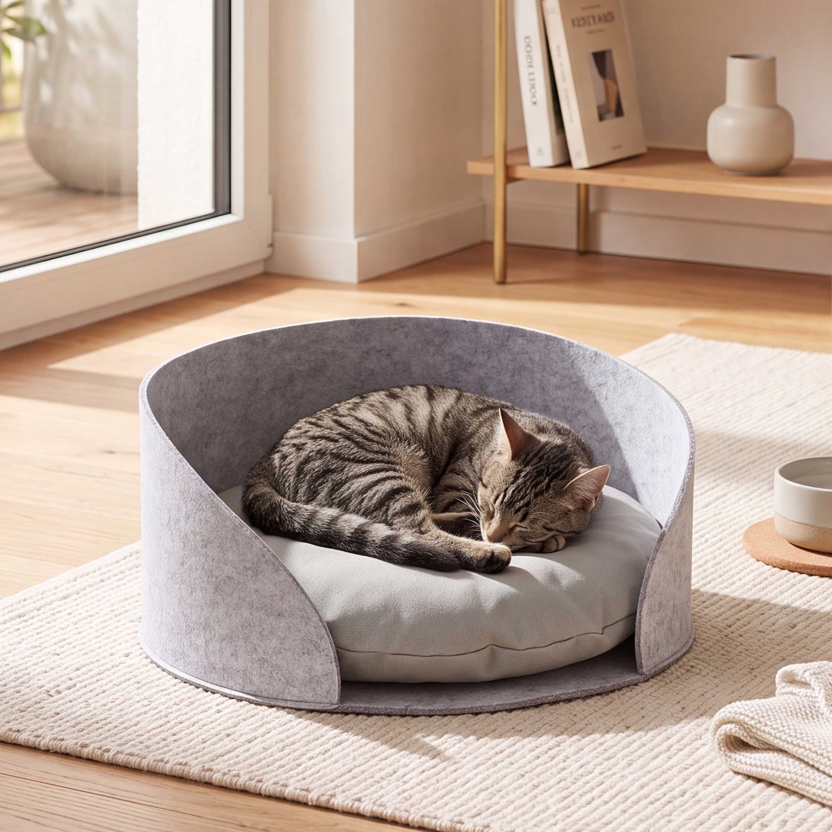 Tierbett MCW-Q61 für Hunde/Katzen, rund mit Kissen, Schlafkorb, Haustierliege, Filz Ø39cm ~ grau