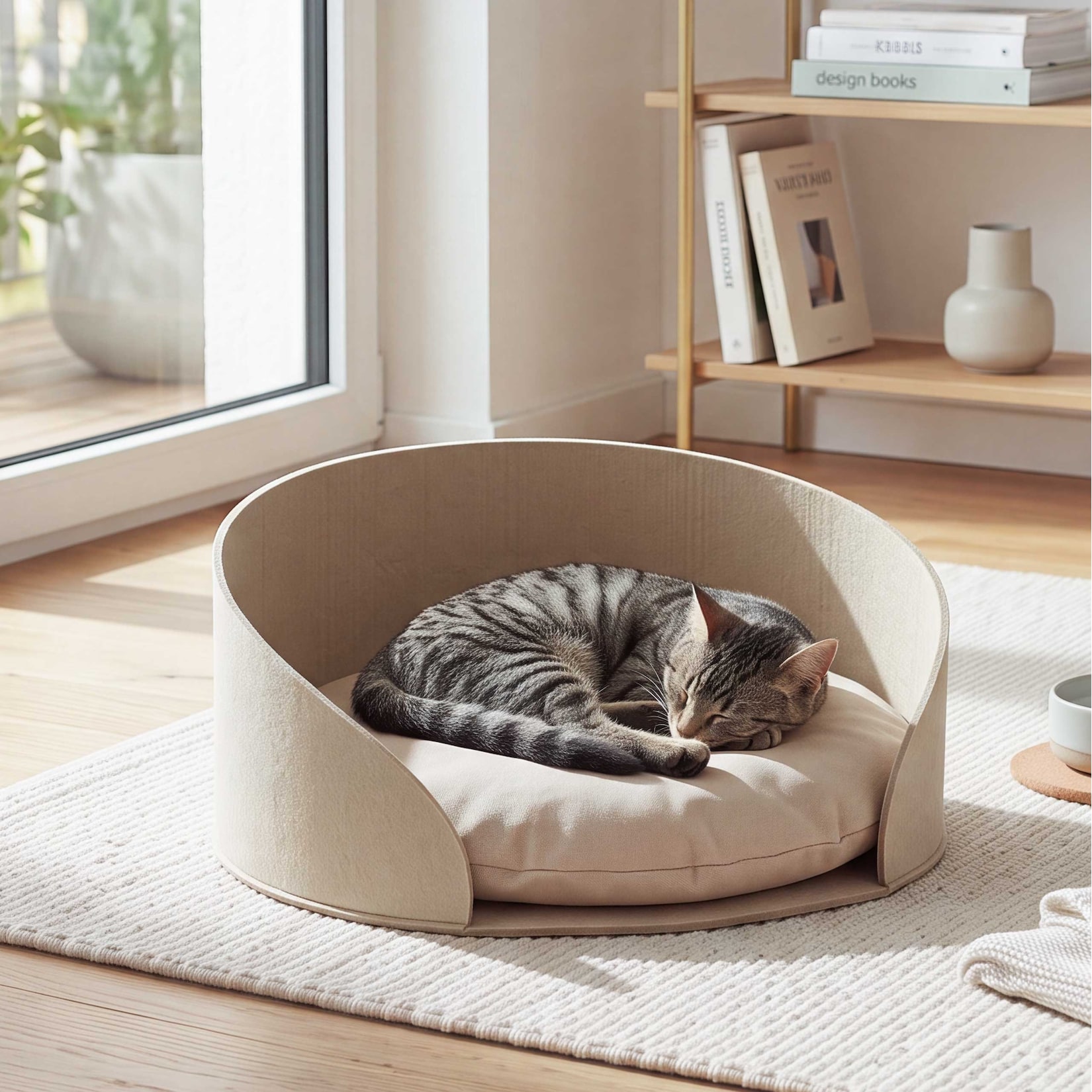 Tierbett MCW-Q61 für Hunde/Katzen, rund mit Kissen, Schlafkorb, Haustierliege, Filz Ø39cm ~ beige