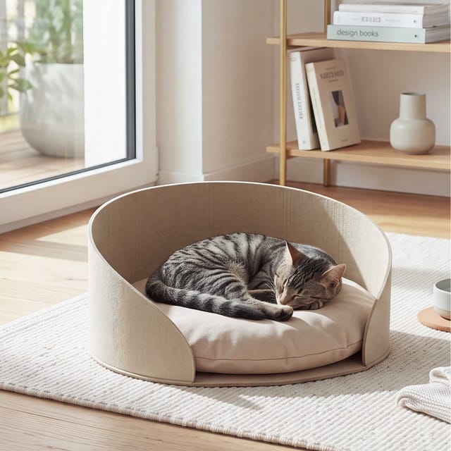 Tierbett MCW-Q61 für Hunde/Katzen, rund mit Kissen, Schlafkorb, Haustierliege, Filz Ø39cm ~ beige