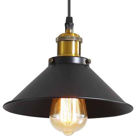 Vintage-industrie-pendelleuchte Aus Schwarzem Metall – Ø 22 Cm – E27-fassung – Höhenverstellbar Bis 120 Cm – Leuchtmittel Nicht Enthalten