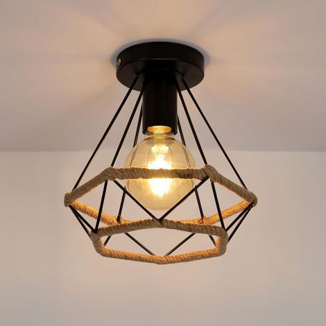 Industrielle Deckenleuchte Aus Schwarzem Metall Und Hanfseil – Lampenschirm 25 X 25 Cm – E27-fassung Für Led-leuchtmittel – Für Wohnzimmer Und Küchen. Leuchtmittel Nicht Enthalten.