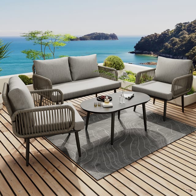 Garten-loungestuhl-set – 45,5 Kg, Aus Polyester, Elegantes, Geschwungenes Design, Wetterbeständiges Verzinktes Stahlrohr, Handgeflochtenes Seil