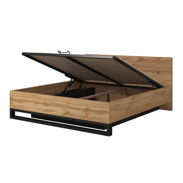 Meublorama - Bett mit Stauraum 180x200 im Industriestil - Kollektion milos. Farbe Roh-Eiche und Schwarz.