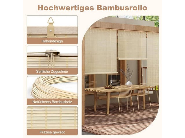 Woltu - Bambusrollo Bambus Sichtschutz Rollo Sonnenschutz Seitenzugrollo Jalousie Raffrollo Lichtfilter Belüftung Rollo Für Terrasse, Garten, Küche, 60x160cm, Natur