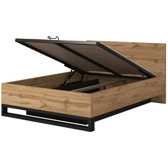 Bettgestell mit Stauraum 160x200 im Industriestil - milos Kollektion. Farbe rohe Eiche und Schwarz.