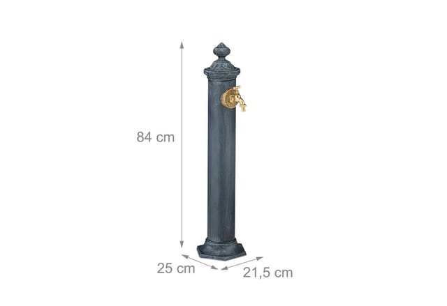 Standbrunnen Antik, mit Wasserhahn, hbt: 84x21,5x25 cm, Wasserzapfsäule Garten, Terrasse, Zierbrunnen, grau - Relaxdays