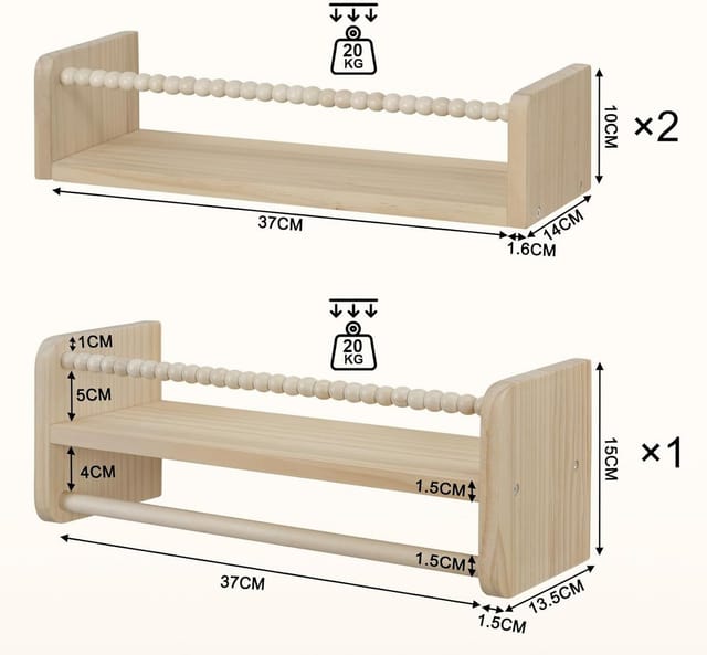3er Set Kinder Wandregal, Bücherregal Wand Kinderzimmer, 40 cm Hängeregal Schweberegal Kinderregal, aus Massivholz, Montessori Regal, für Bücher