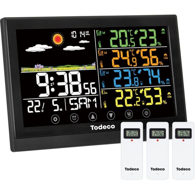 Wetterstation Funk mit 3 Außensensor - Groß Farbdisplay, Innen Aussen Digital Thermometer,Hydrometer Feuchtigkeit, Wettervorhersage,