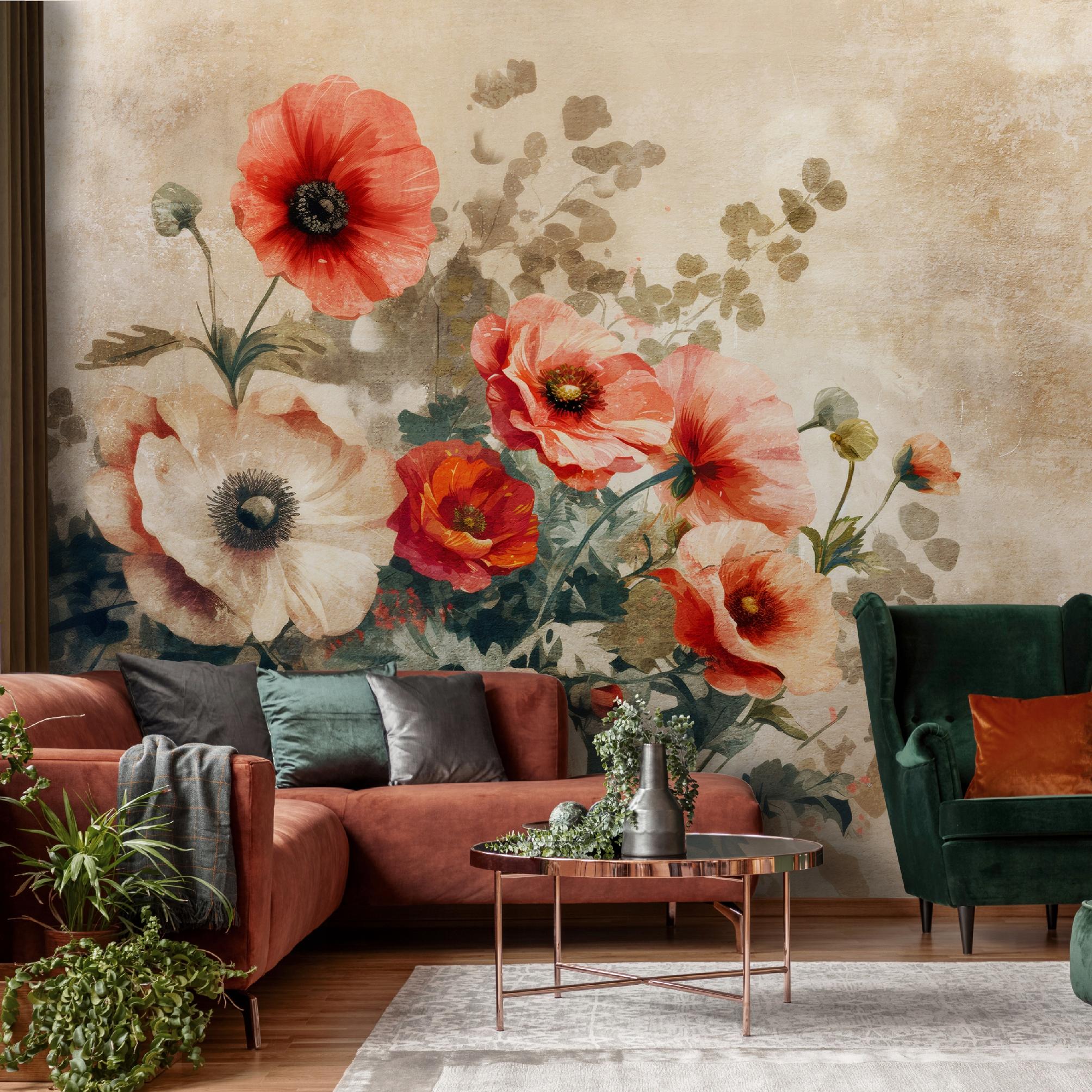 Fototapete Blumen Vintage Beton Beige, Für Wohnzimmer Und Schlafzimmer, 200 X 140 Cm – Komplettset Inkl. Kleister & Anleitung