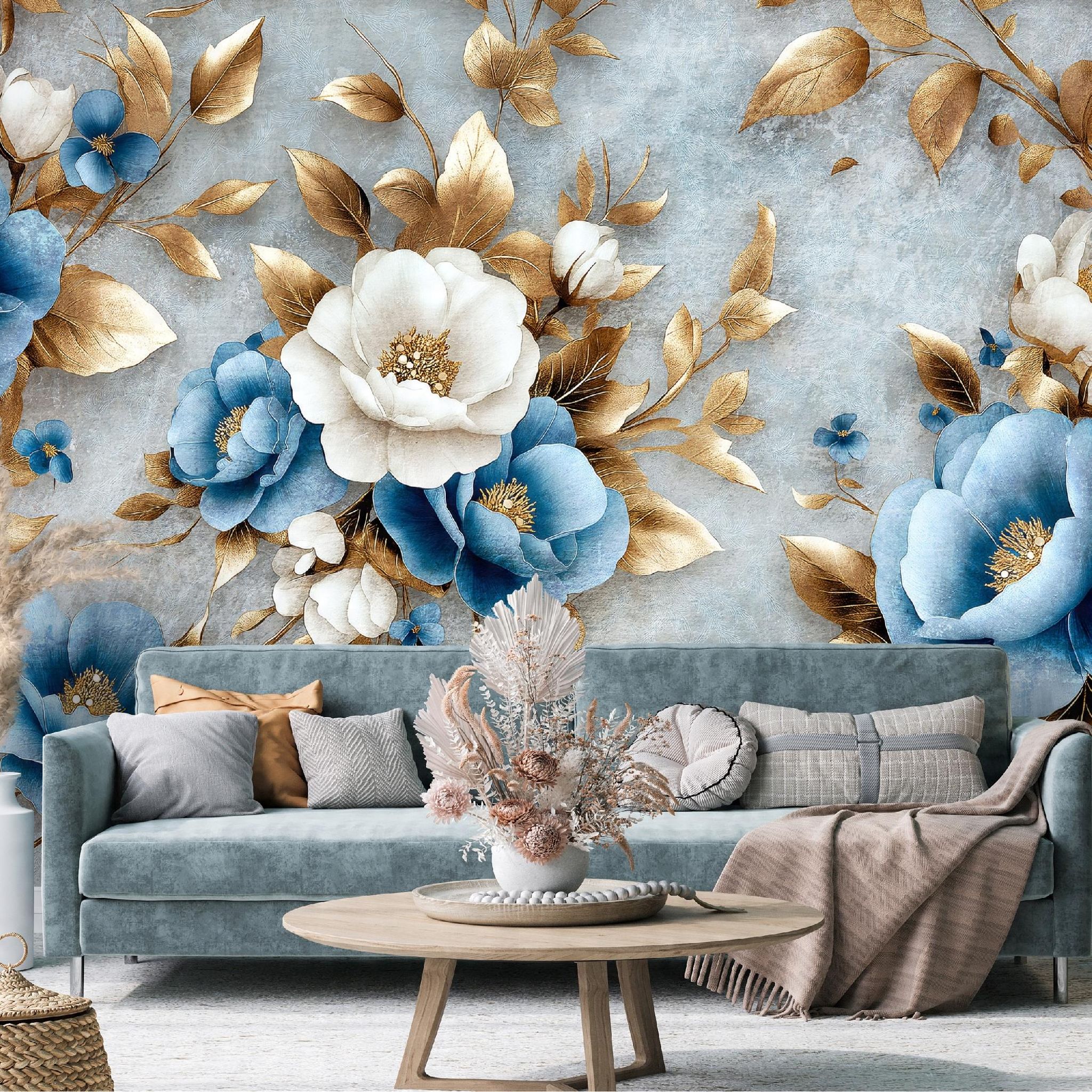 Fototapete Blumen Blau Gold Glamour, Für Wohnzimmer Und Schlafzimmer, 400 X 280 Cm – Komplettset Inkl. Kleister & Anleitung