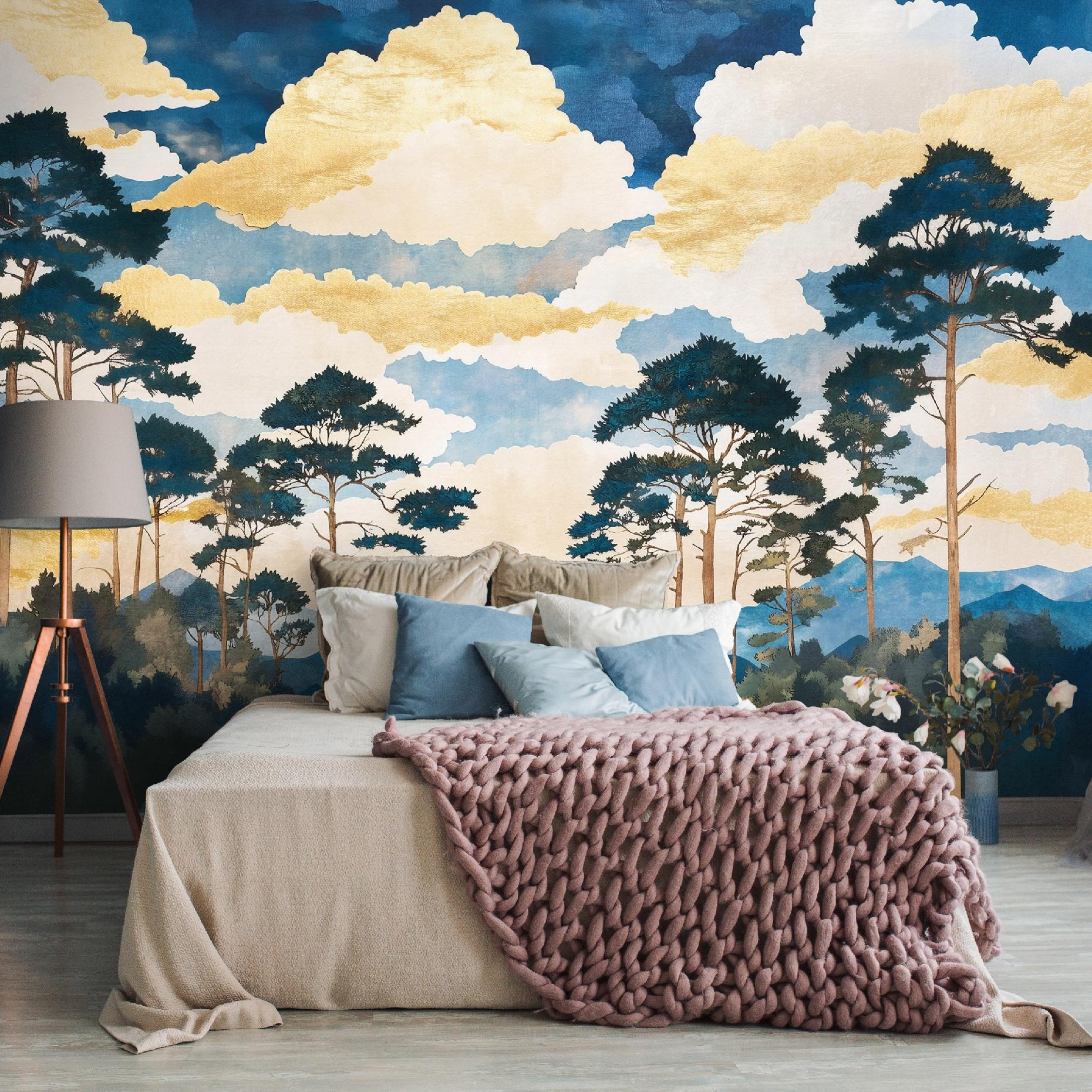 Fototapete Bäume Blau Wald Landschaft, Für Wohnzimmer Und Schlafzimmer, 350 X 250 Cm – Komplettset Inkl. Kleister & Anleitung