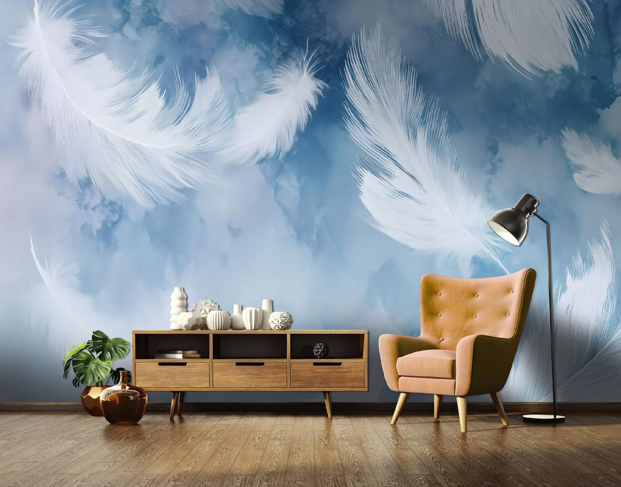 Fototapete Federn Blau Kunst, Für Wohnzimmer Und Schlafzimmer, 350 X 250 Cm – Komplettset Inkl. Kleister & Anleitung