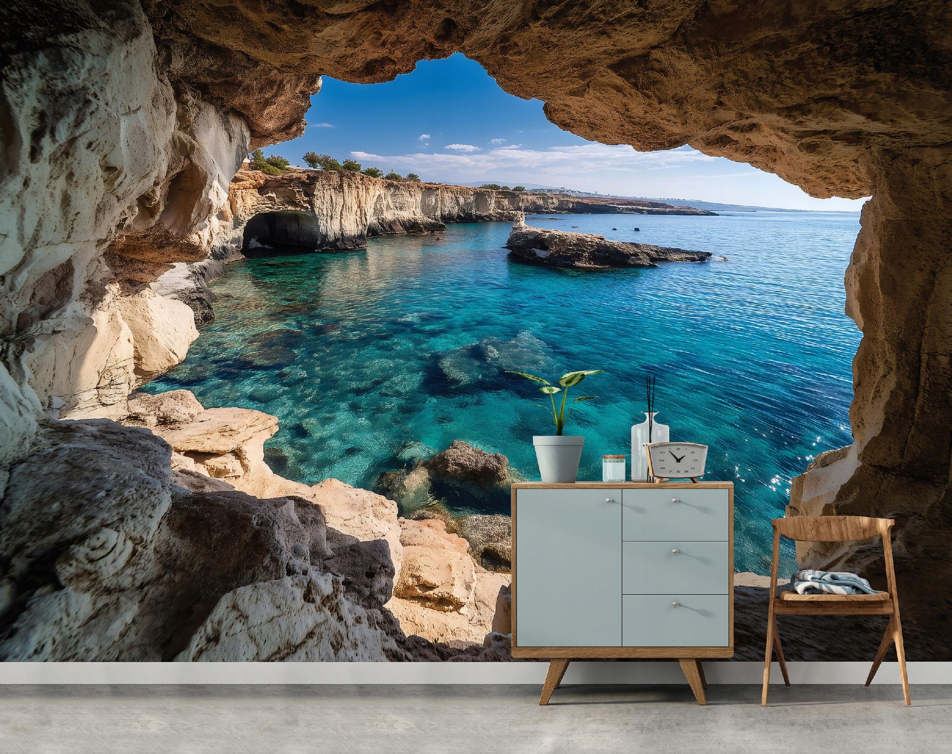 Fototapete Höhle Ozean Landschaft 3d-optik, Für Wohnzimmer Und Schlafzimmer, 350 X 250 Cm – Komplettset Inkl. Kleister & Anleitung