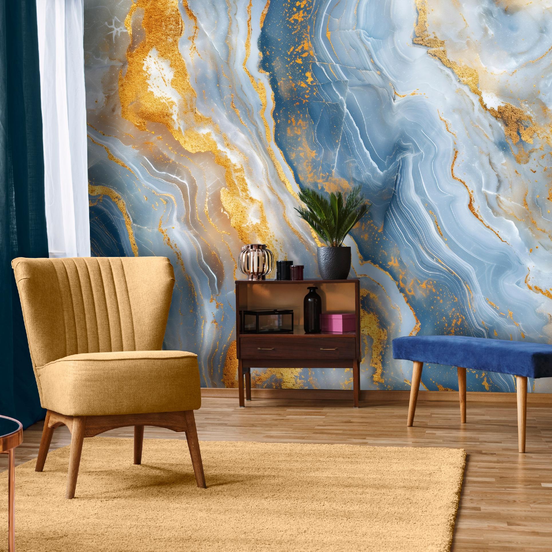 Fototapete Marmor Blau Gold Glamour, Für Wohnzimmer Und Schlafzimmer, 200 X 140 Cm – Komplettset Inkl. Kleister & Anleitung