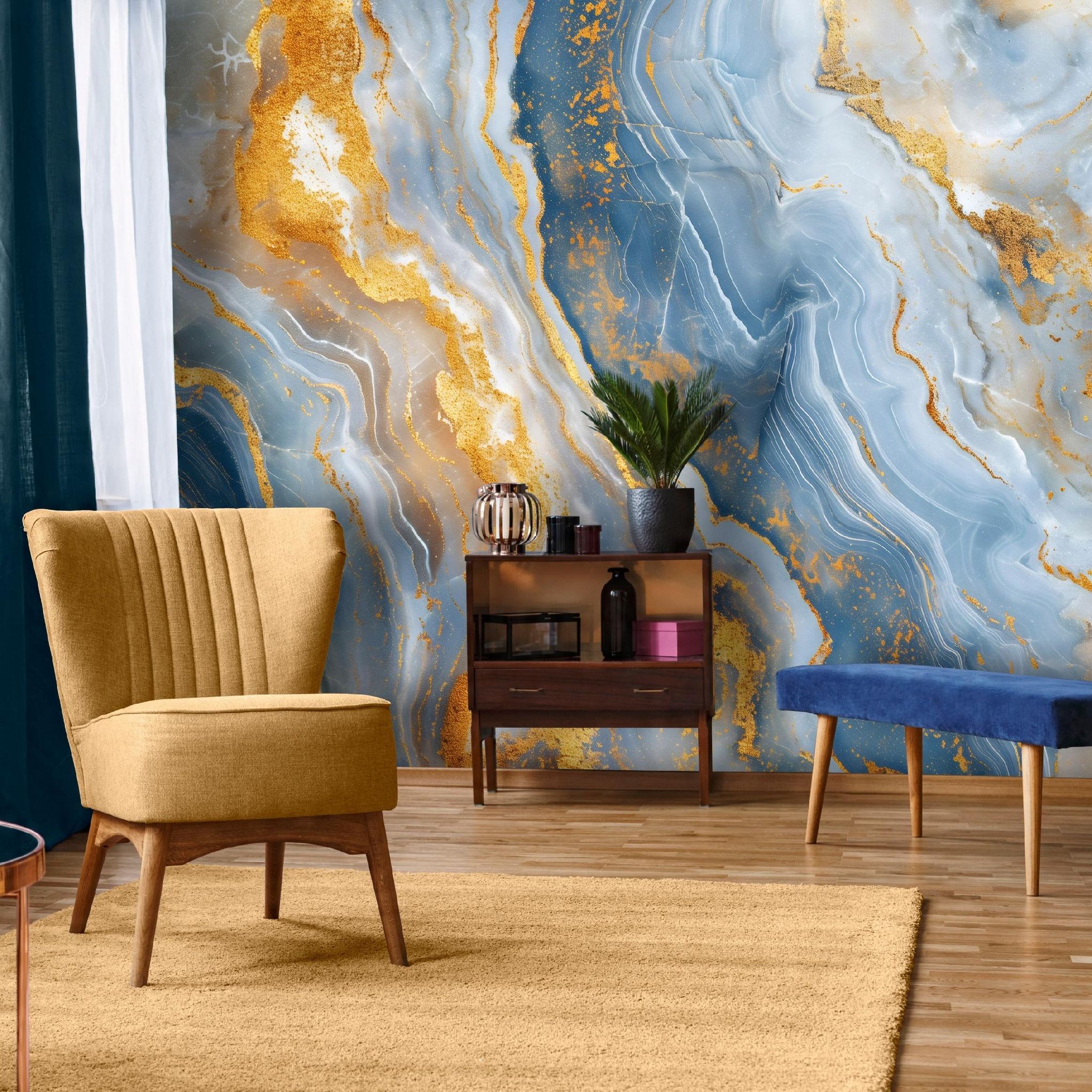 Fototapete Marmor Blau Gold Glamour, Für Wohnzimmer Und Schlafzimmer, 350 X 250 Cm – Komplettset Inkl. Kleister & Anleitung