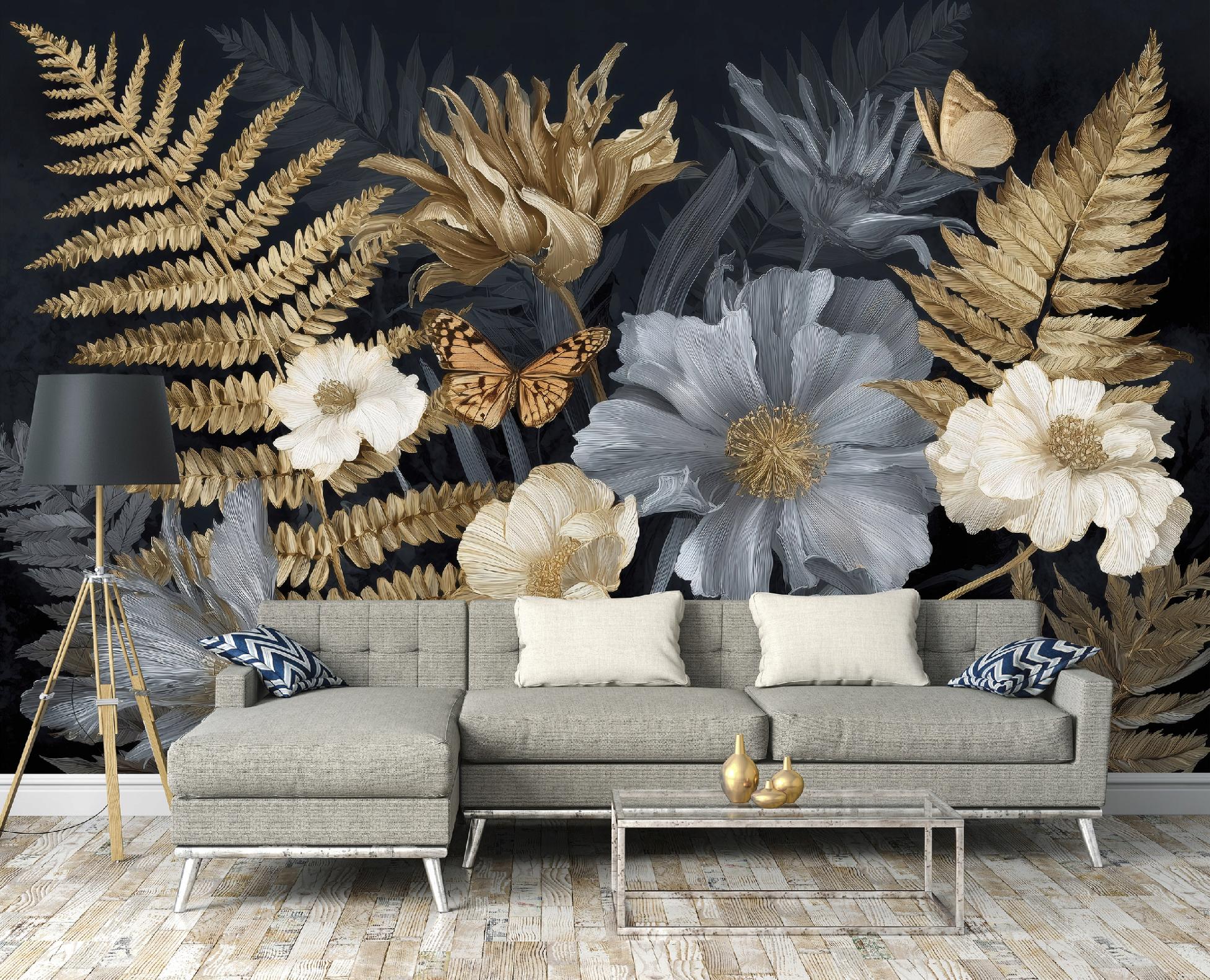 Fototapete Blätter Blumen Gold, Für Wohnzimmer Und Schlafzimmer, 400 X 280 Cm – Komplettset Inkl. Kleister & Anleitung