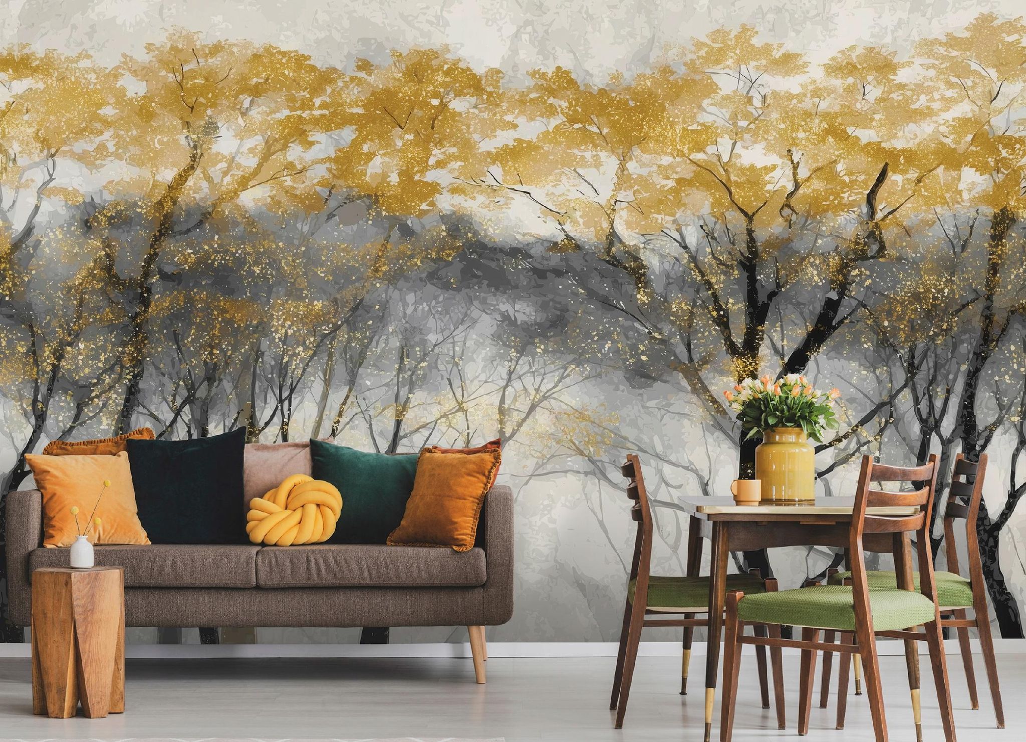Fototapete Wald Bäume Beton Gold, Für Wohnzimmer Und Schlafzimmer, 400 X 280 Cm – Komplettset Inkl. Kleister & Anleitung