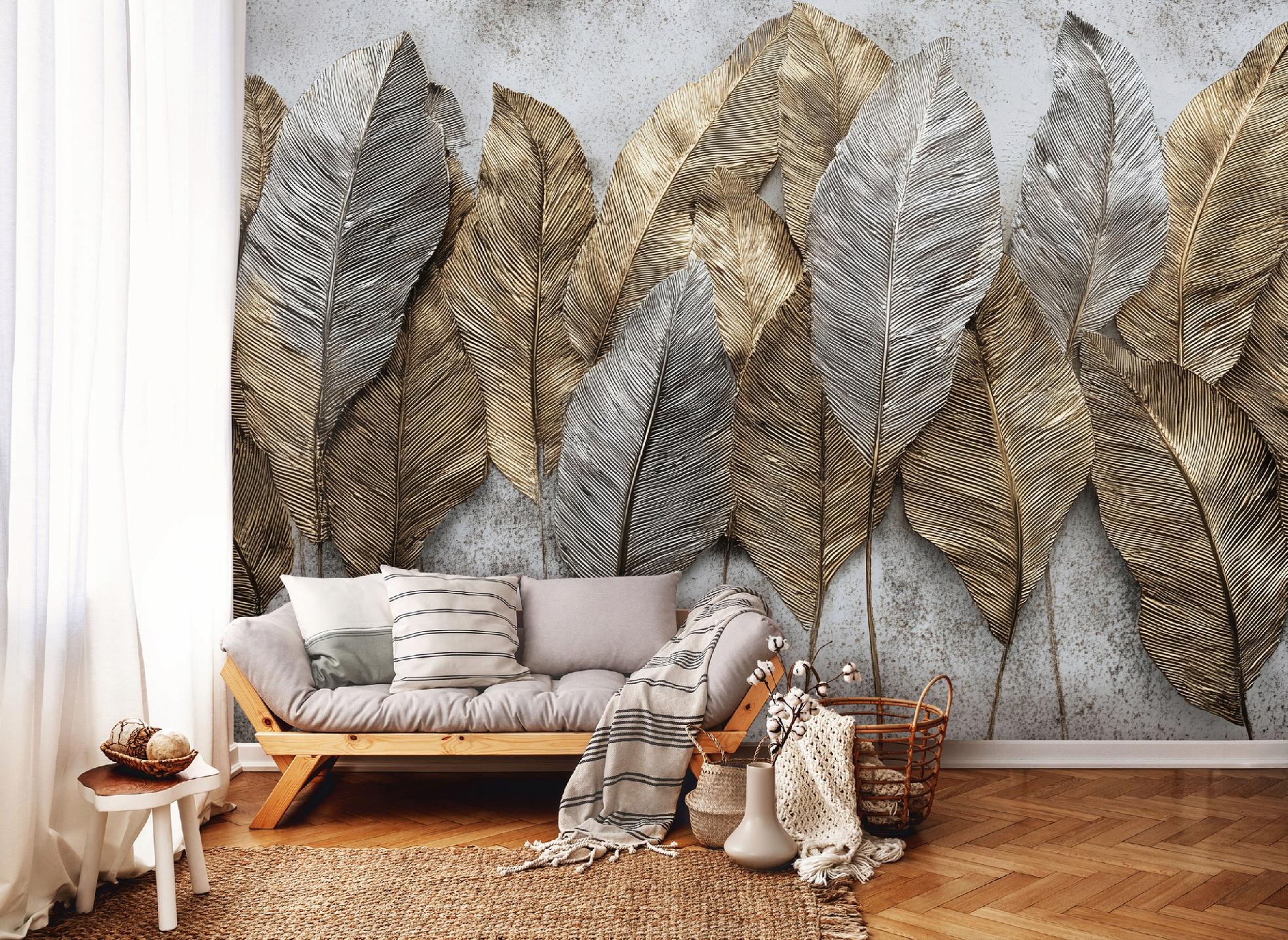 Fototapete Blätter Beton Gold Grau, Für Wohnzimmer Und Schlafzimmer, 300 X 210 Cm – Komplettset Inkl. Kleister & Anleitung