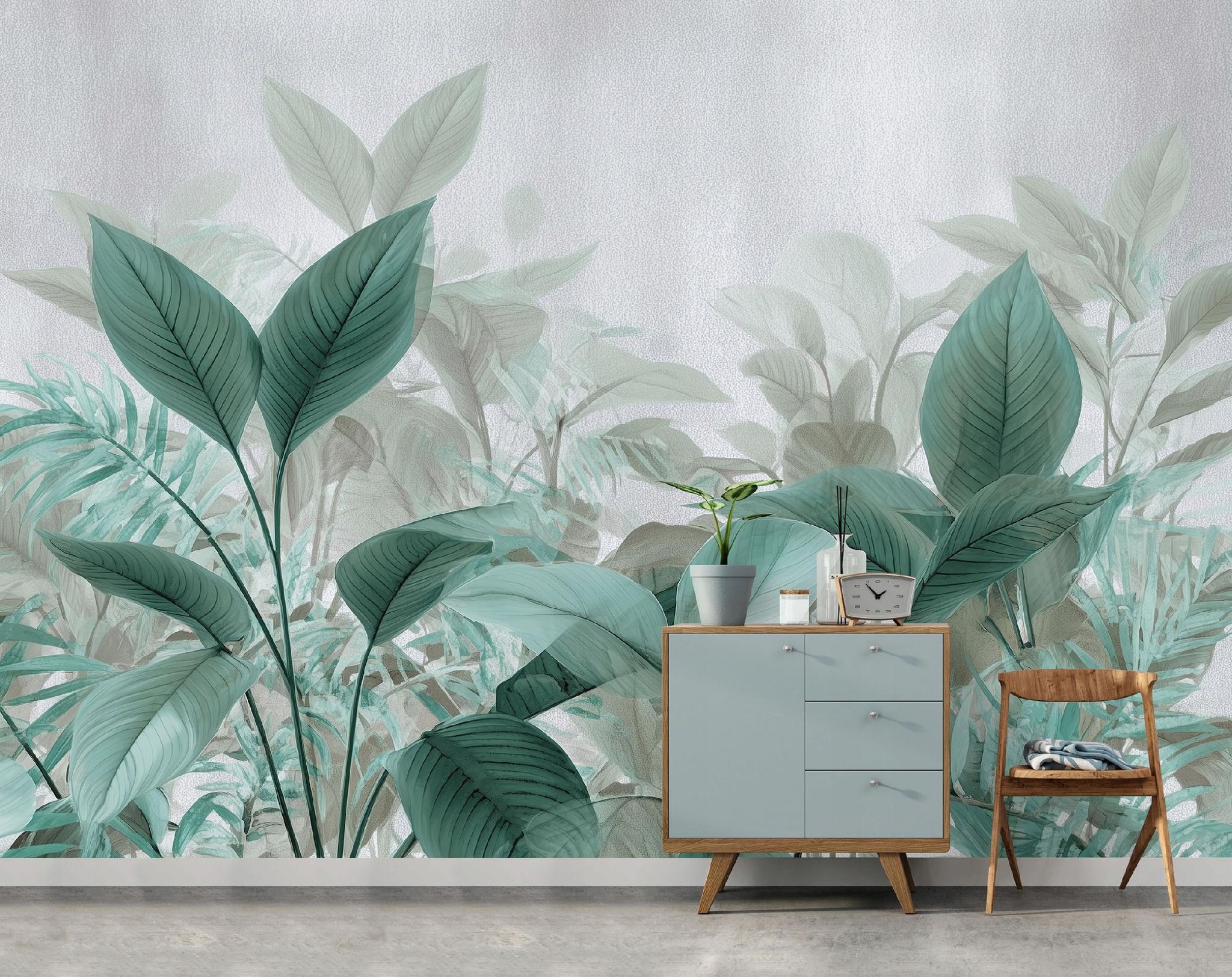 Fototapete Blätter Grün Beton Grau 3d-optik, Für Wohnzimmer Und Schlafzimmer, 150 X 105 Cm – Komplettset Inkl. Kleister & Anleitung