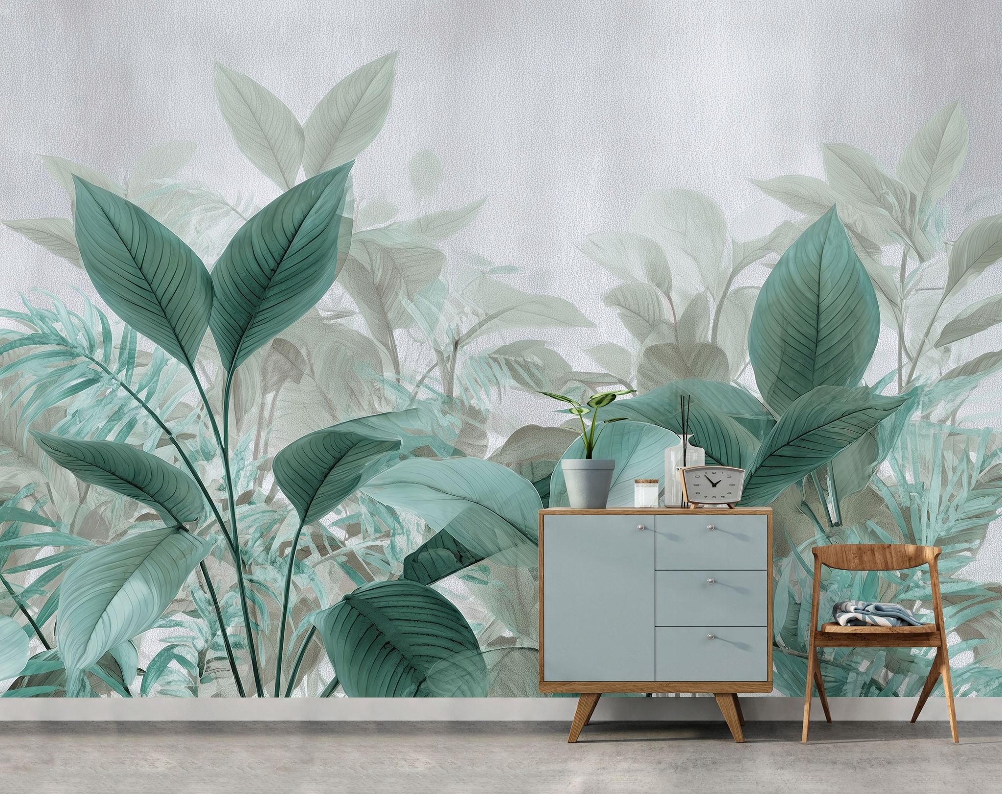 Fototapete Blätter Grün Beton Grau 3d-optik, Für Wohnzimmer Und Schlafzimmer, 200 X 140 Cm – Komplettset Inkl. Kleister & Anleitung