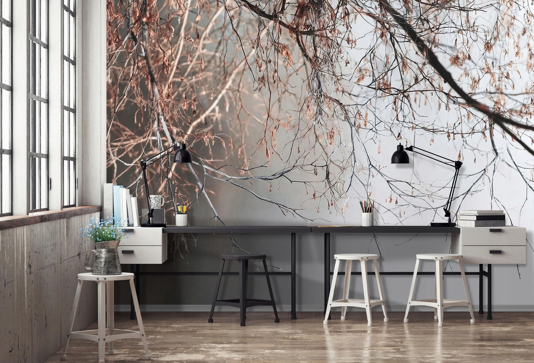 Fototapete Zweige Beton Grau Natur, Für Wohnzimmer Und Schlafzimmer, 150 X 105 Cm – Komplettset Inkl. Kleister & Anleitung