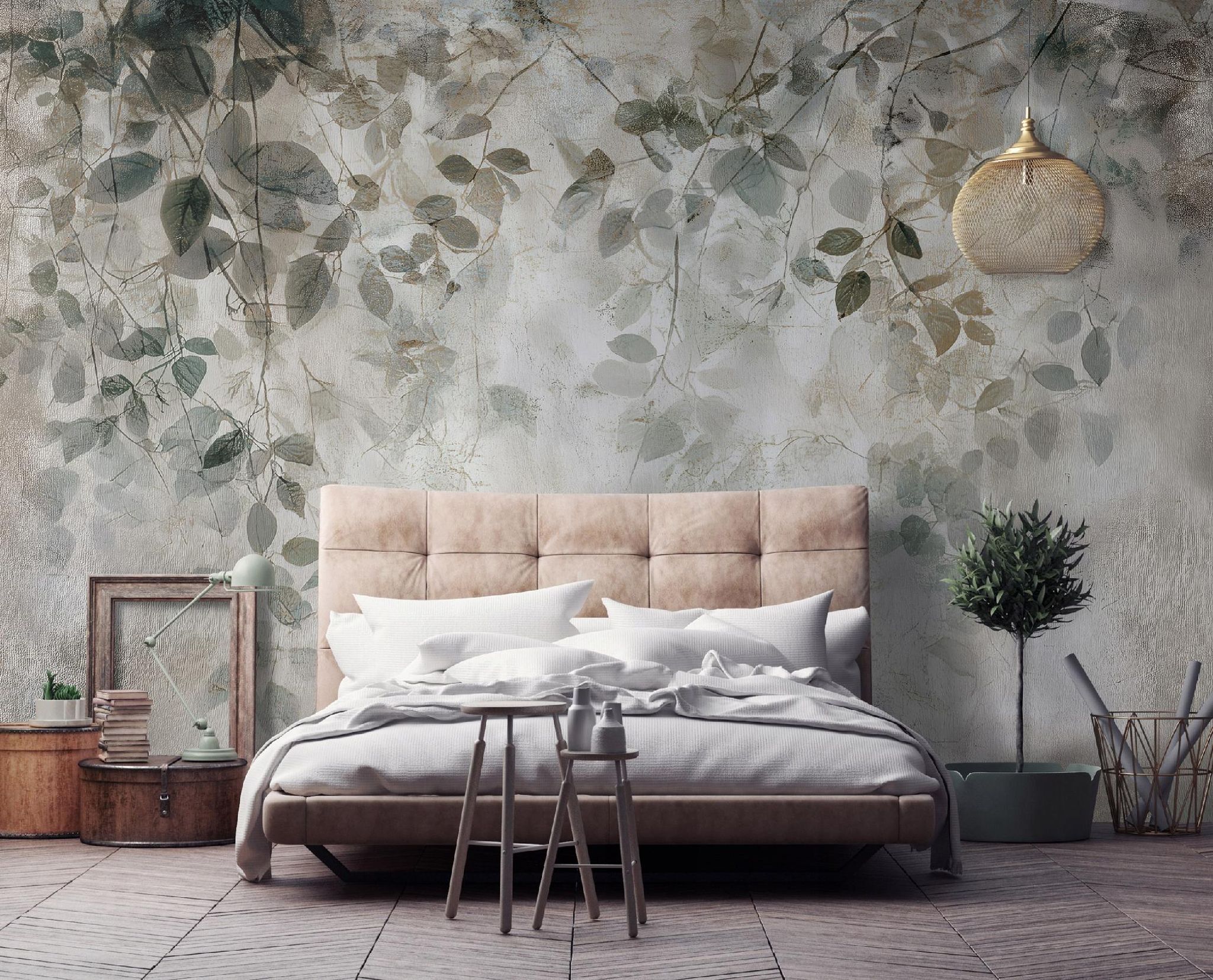 Fototapete Blätter Hängend Beton, Für Wohnzimmer Und Schlafzimmer, 150 X 105 Cm – Komplettset Inkl. Kleister & Anleitung