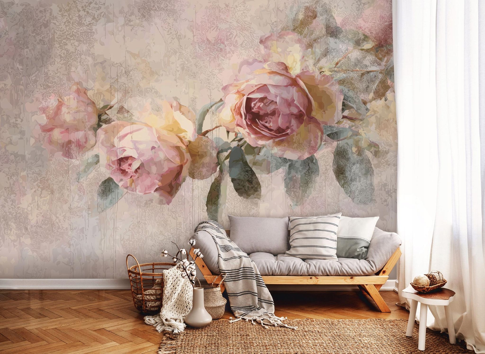 Fototapete Blumen Vintage Rosen Beton, Für Wohnzimmer Und Schlafzimmer, 350 X 250 Cm – Komplettset Inkl. Kleister & Anleitung