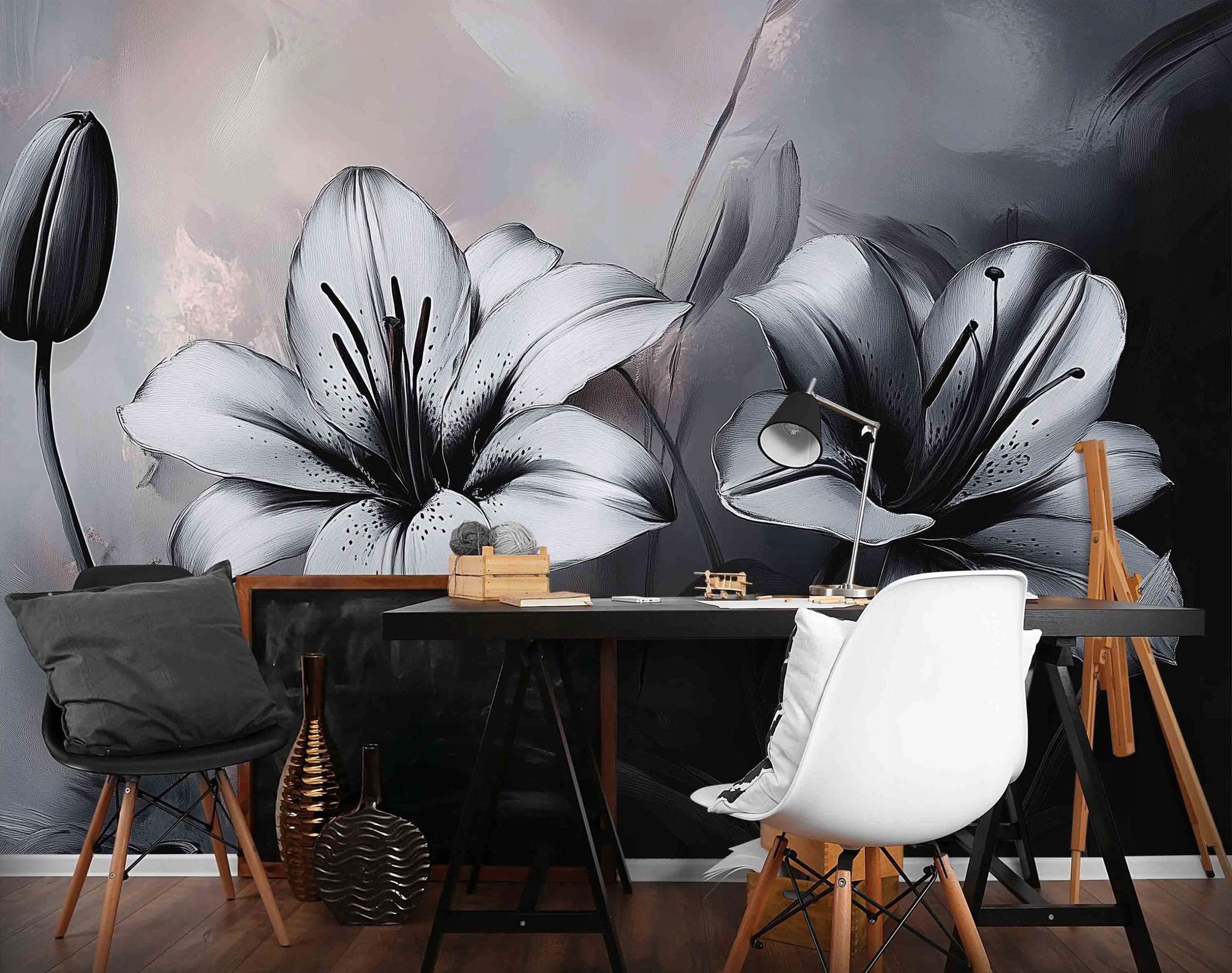 Fototapete Blumen Weiß Schwarz Beton 3d-optik, Für Wohnzimmer Und Schlafzimmer, 400 X 280 Cm – Komplettset Inkl. Kleister & Anleitung