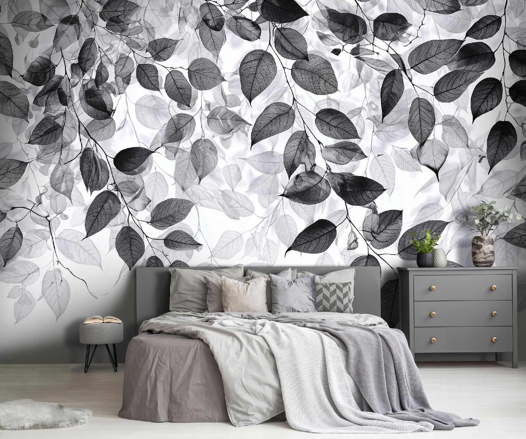Fototapete Blätter Schwarz Weiß Hängend, Für Wohnzimmer Und Schlafzimmer, 400 X 280 Cm – Komplettset Inkl. Kleister & Anleitung