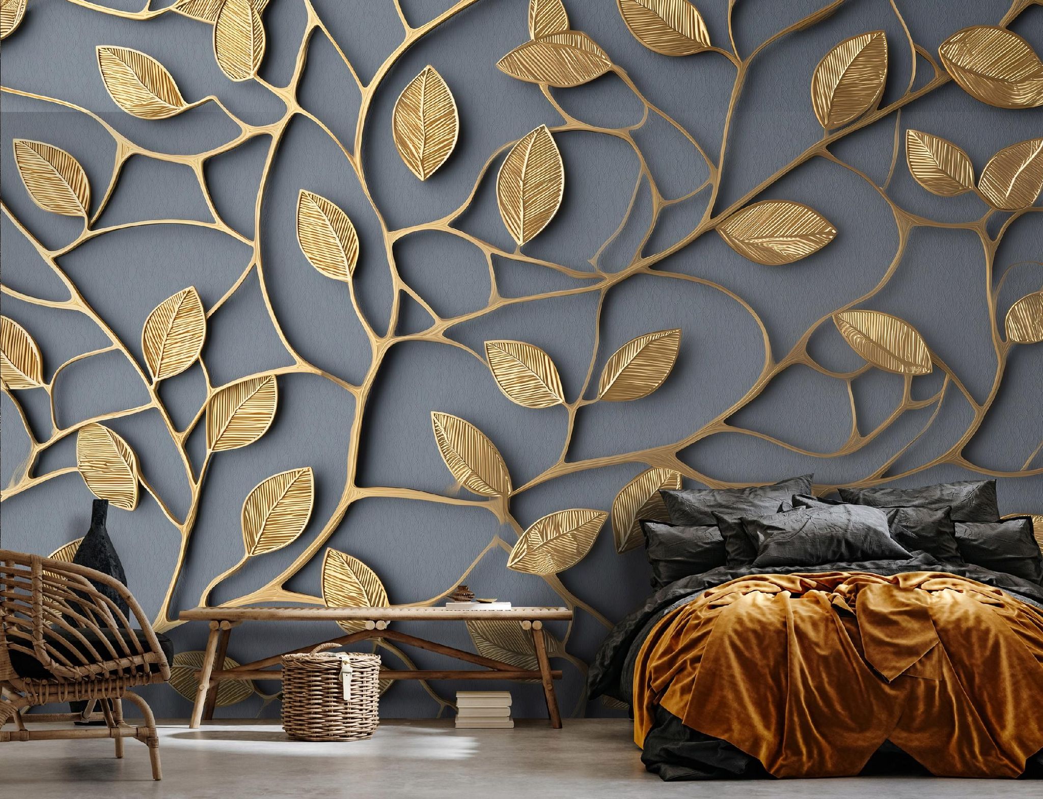 Fototapete Blätter Gold Abstrakt, Für Wohnzimmer Und Schlafzimmer, 200 X 140 Cm – Komplettset Inkl. Kleister & Anleitung