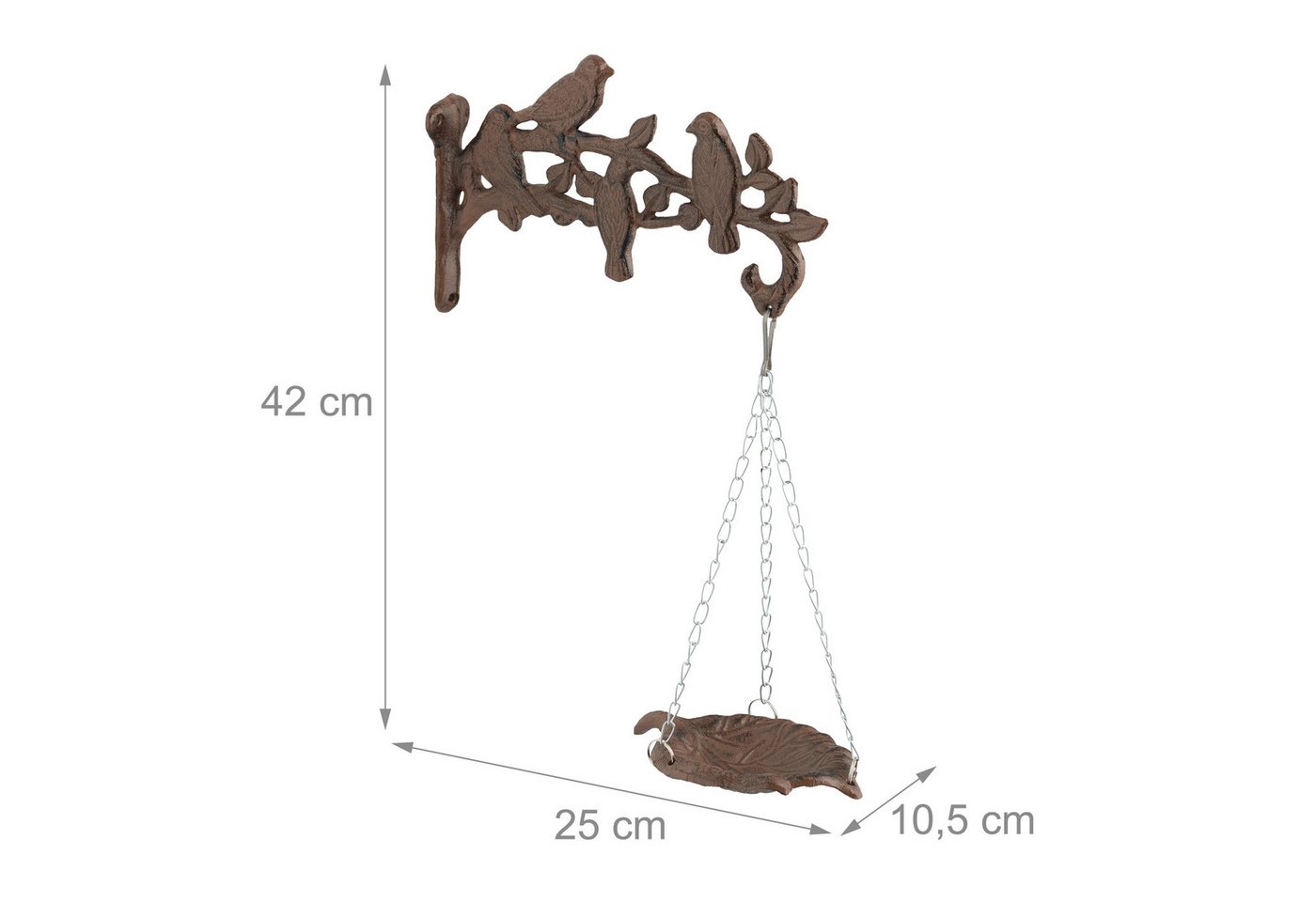 Relaxdays - Vogeltränke, aus Gusseisen, hbt: 42 x 25 x 10,5 cm, Vogelbad Wandhalterung, Vogelbecken, Wassertränke, braun Bild 5