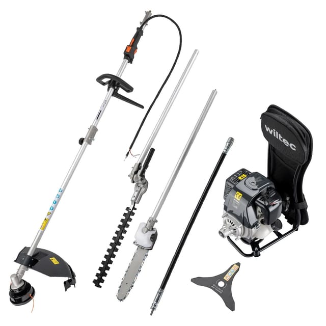 Wiltec - 4-in-1 Multifunktionsgerät mit 4-Takt-Motor mit Rucksack, Backpacker Multigartengerät, Multitool Gartenwerkzeug mit u.a. Rasentrimmer